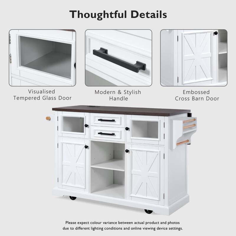 54.9" Kitchen Island with Drop Leaf, Power Outlet, Kitchen Storage Cart with 4 Door Shelves