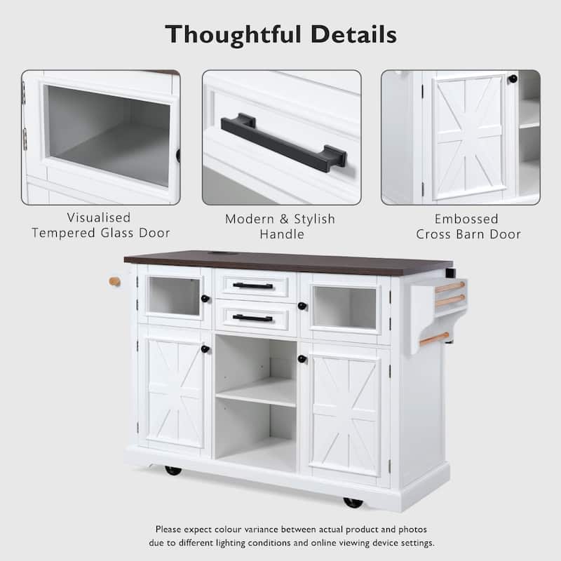 Kitchen Island with Drop Leaf,Power Outlet,Cross Barn Doors & Visual Glass Door - N/A
