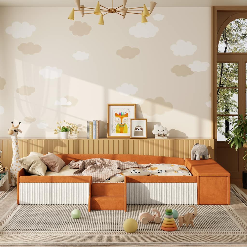 Roomfitters Twin/Full/Queen/King Size Upholstered Daybed with Side Stairs and Gas Lift Storage Ottoman Footboard for Bedroom