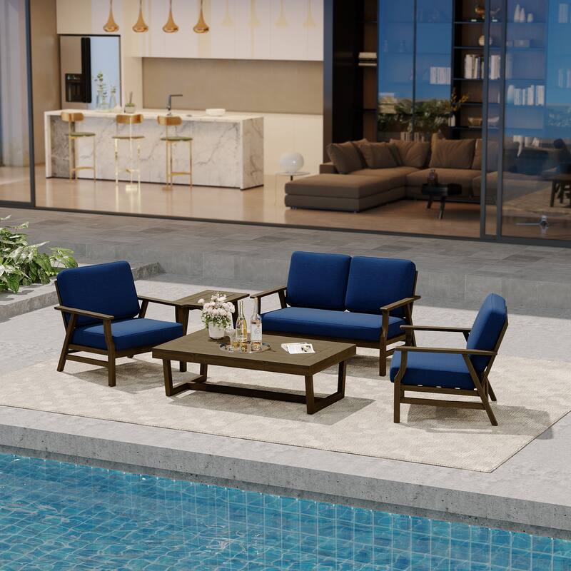 Modern Wood Cushioned Outdoor Patio Sofa Loveseat with Coffee Table