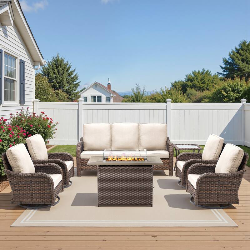 Pocassy Patio Funiture Sofa Swivel Chairs Ottoman with Fire Table Set - Beige Cushion - Brown Wicker - 7-Piece Sofa Swivel Chair with Fire Pit Table