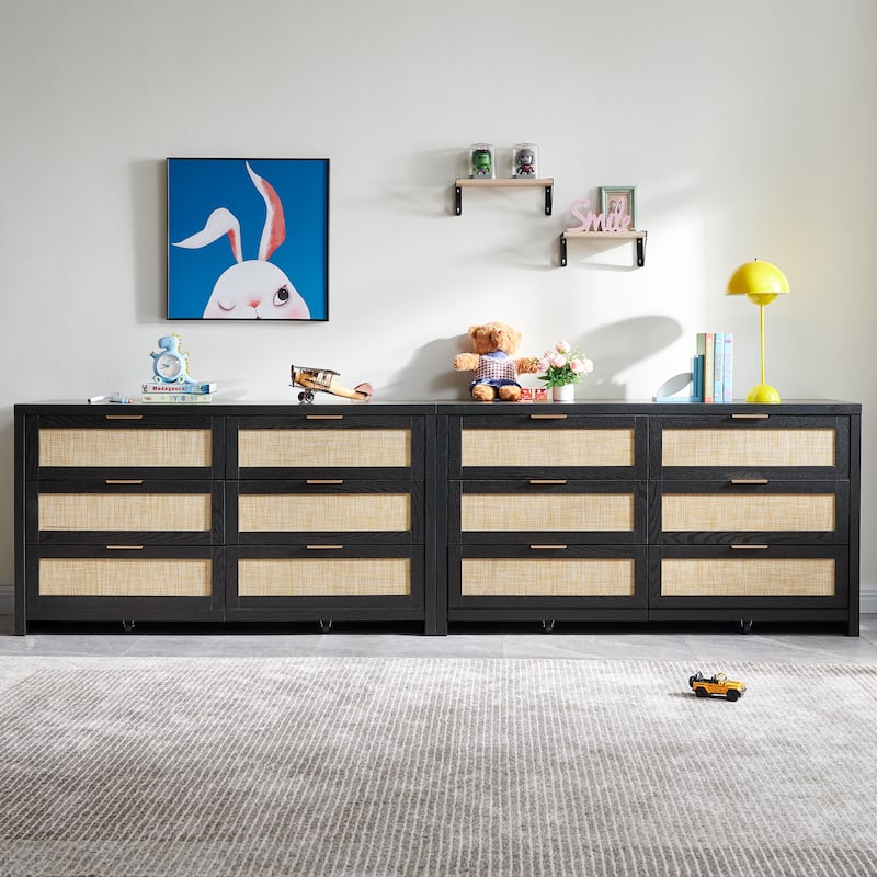 Elegant Right Angled Dresser with 6 Rattan Woven Drawers