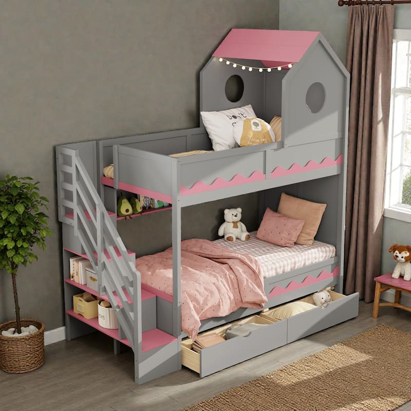 Twin Over Twin Bunk Bed with House Design, Staircase Storage Drawers and LED Lights, Kids Castle Bunk Bed