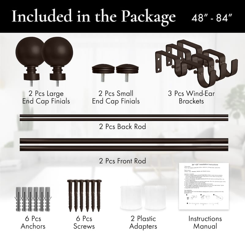 Meriville 1-Inch Diameter Steel Ball Double Window Curtain Rod with Norwood End Cap Finial