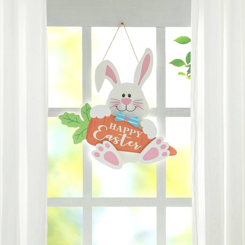 Glitzhome Easter Wooden Cute Bunny Eggs/Fence Door Hanger Wall Decor Spring Gift - Bunny and Carrot Door Hanger