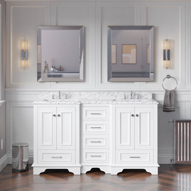 KitchenBathCollection Nantucket 60" Double Bathroom Vanity with Carrara Marble Top - White