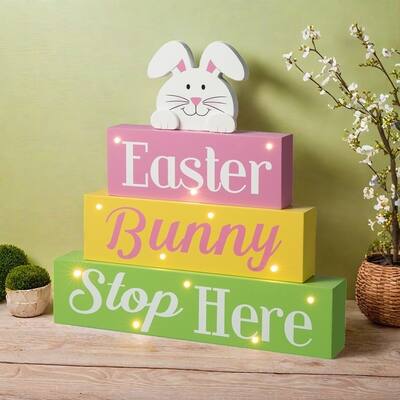Glitzhome 12"L LED Lighted Easter Wooden Bunny Block Word Sign Table Decor Spring Gifts