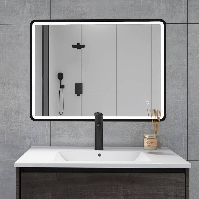 32 x 24 in. Rectangular Mirror Wall-Mount Anti-Fog LED Light Bathroom Vanity Mirror - Black