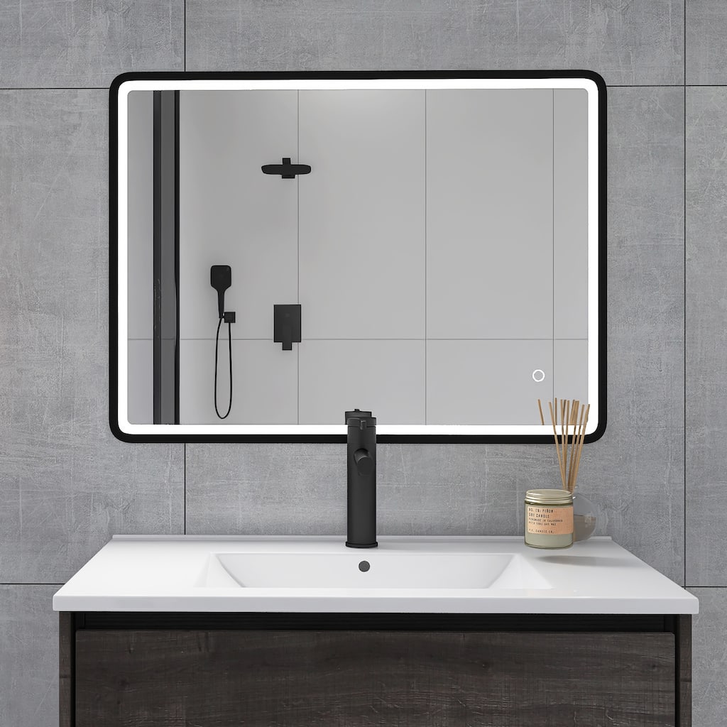 32 x 24 in. Rectangular Mirror Wall-Mount Anti-Fog LED Light Bathroom Vanity Mirror - Black