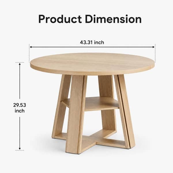 dimension image slide 5 of 6, Farmhouse 43" Round Dining Table with Sturdy Wooden Pedestal, Built-in Storage Shelf