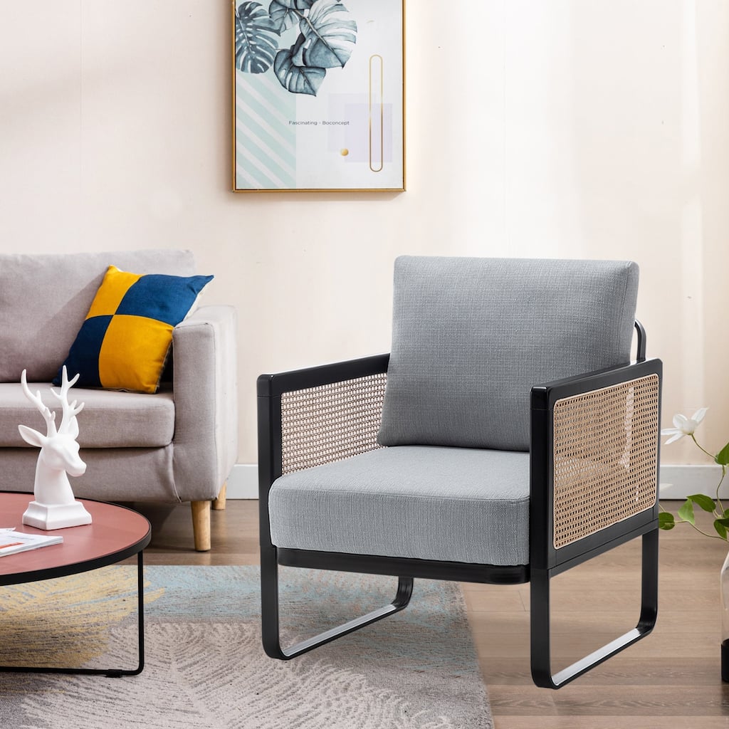 Rattan Accent Chair Armchair with Metal Frame Modern Living Room Chair Comfy Reading Side Chair for Home Bedroom Office