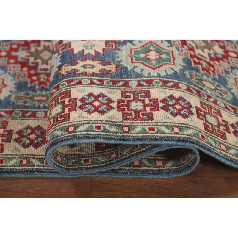 Geometric Kazak Runner Rug Hand-Knotted Blue Wool Carpet - 2'6" x 12'8"
