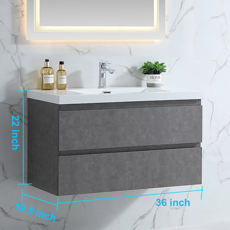 Floating Bathroom Vanity 24"-48" – Cement Gray Finish, White Integrated Sink