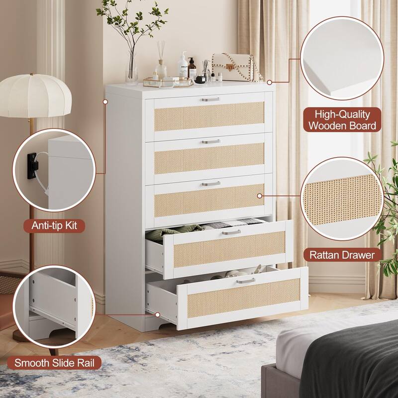 4/5 Drawer Rattan Dresser for Bedroom, Wood Dresser Chest of Drawers with Power Outlets