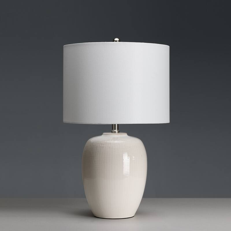 Ivory 3-Way White Ceramic Table Lamp with Drum Shade - 23 in. H