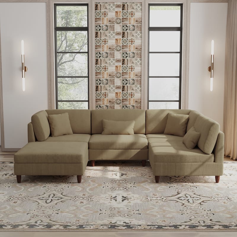 Corduroy Modular Sectional 5 Piece Sofa with Ottoman