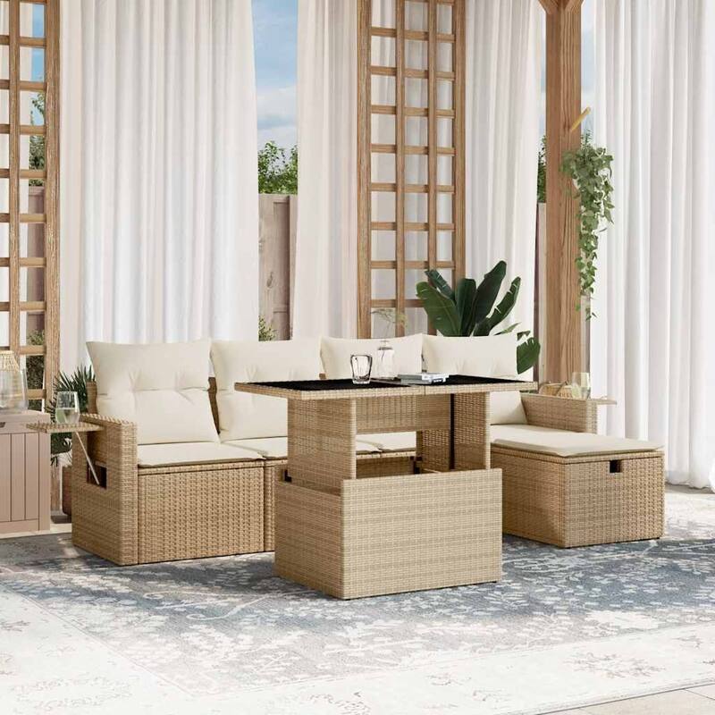 vidaXL Patio Sofa Set with Cushions Outdoor Furniture 6 Piece Poly Rattan - 21.7 x 39.4 x 28.7 in - Beige and cream