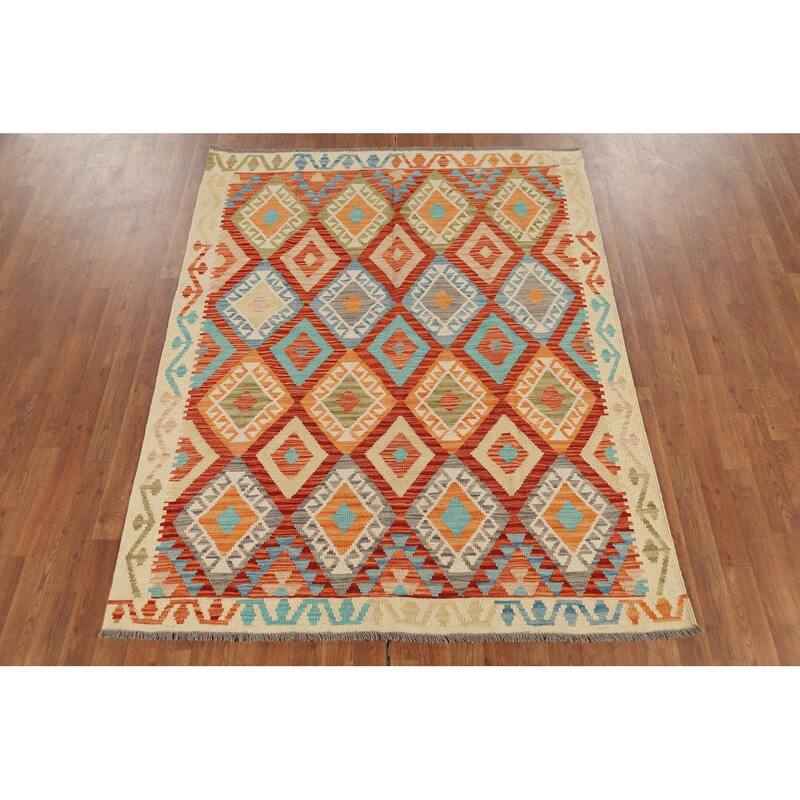 Flat Weave Kilim Reversible Area Rug Handmade Wool Carpet - 5'1"x 6'5"