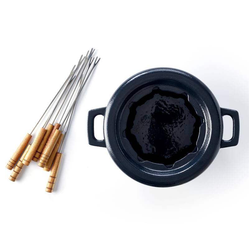 Alva Nori Enameled Cast Iron Fondue Pot Set & 8 Forks - Non-Toxic, Naturally Nonstick