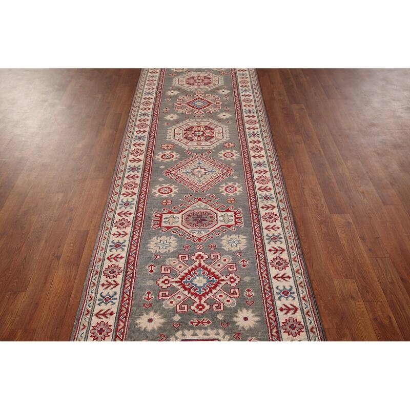 Gray Kazak Runner Rug Hand-Knotted Wool Carpet - 2'8" x 16'3"