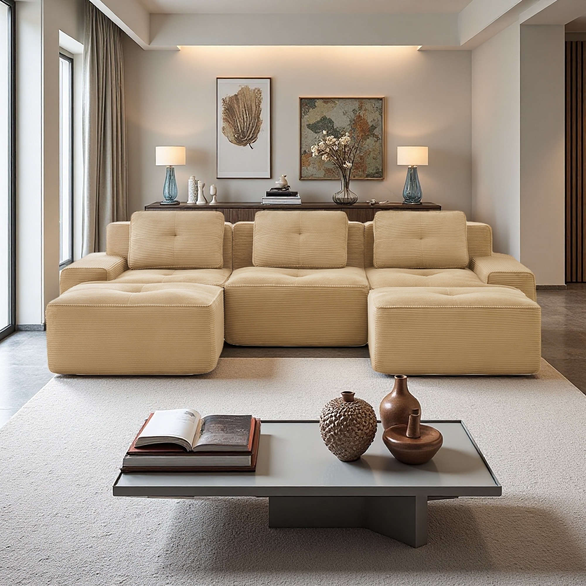 117.3" Corduroy U-Shaped Modular Sectional Sofa with Deep Seat, Ottoman, Tufted