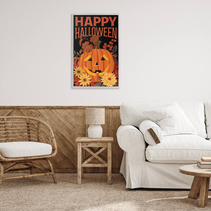 Stupell Happy Halloween Floral Pumpkin Framed Giclee Art Design By Cat Thurman Designs