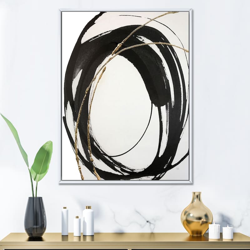 Designart "Gold Glamour Circle I" Modern Framed Canvas Print - Black - 16 in. wide x 32 in. high - White