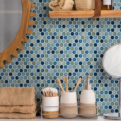 Merola Tile Hudson Penny Round Lagoon 11-7/8 x 12-5/8 Porcelain Floor and Wall Mosaic Tile