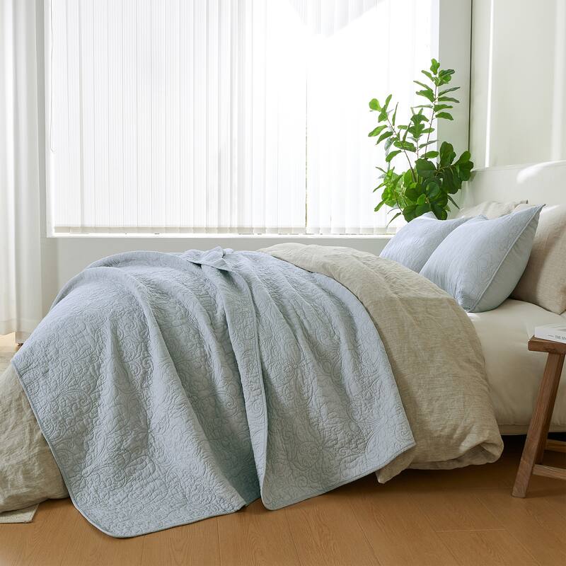 Patina Vie Maison 100% Cotton Stitched 3 Piece Quilt and Sham Set