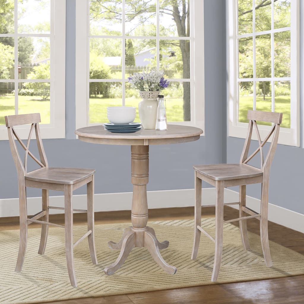 36" Round Pedestal Bar Height Table and Two Stools - Washed Gray Taupe