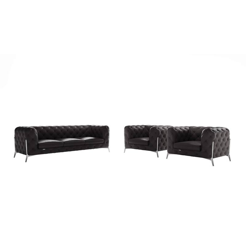 HomeRoots Three Piece Indoor Dark Gray Italian Leather Five Person Seating Set