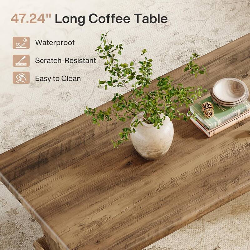 47.24-Inch Rectangle Coffee Table, Large Wooden Low Cocktail Tea Table
