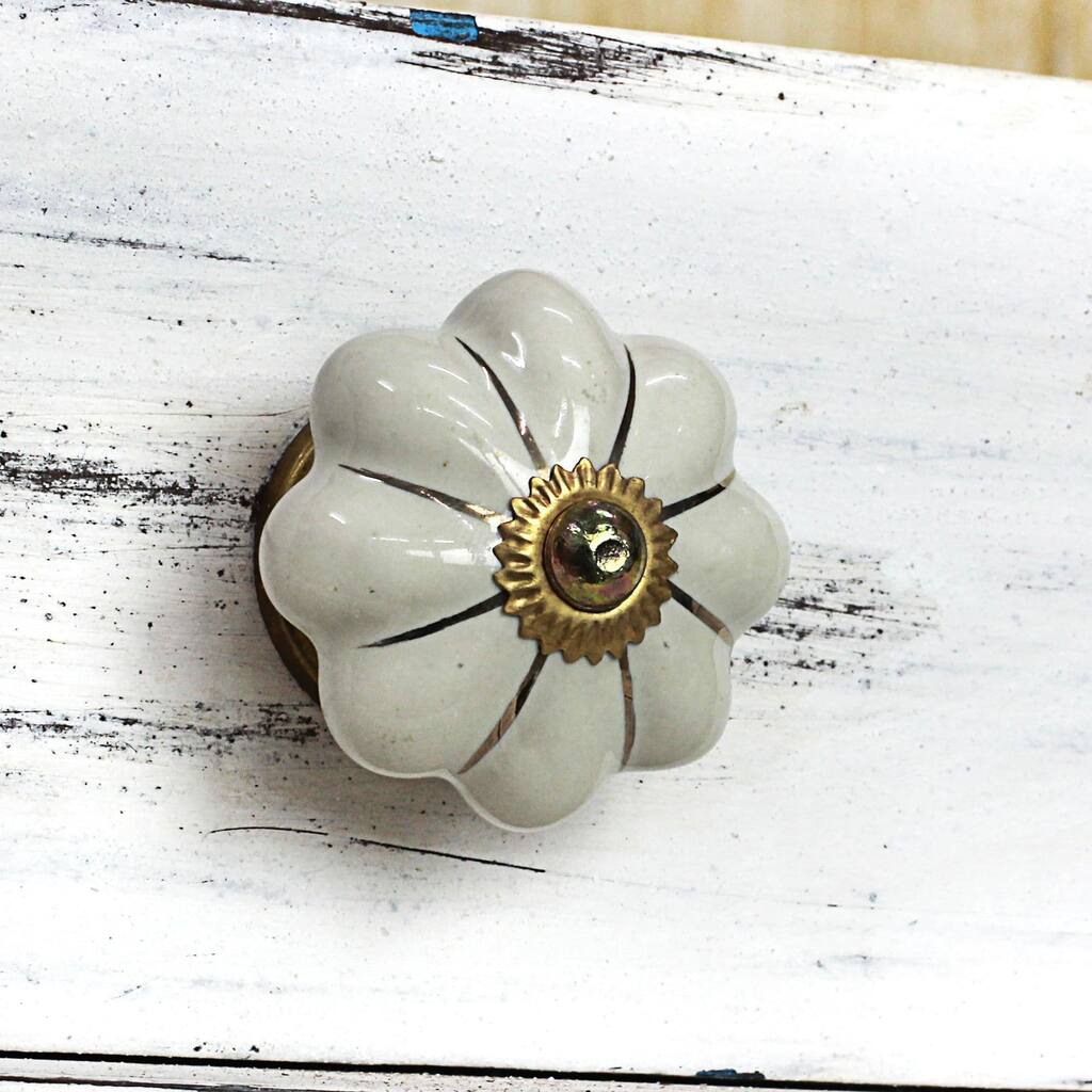 Set of 6 Handcrafted Ceramic 'Pale Floral Beauties' Cabinet Knobs (India)