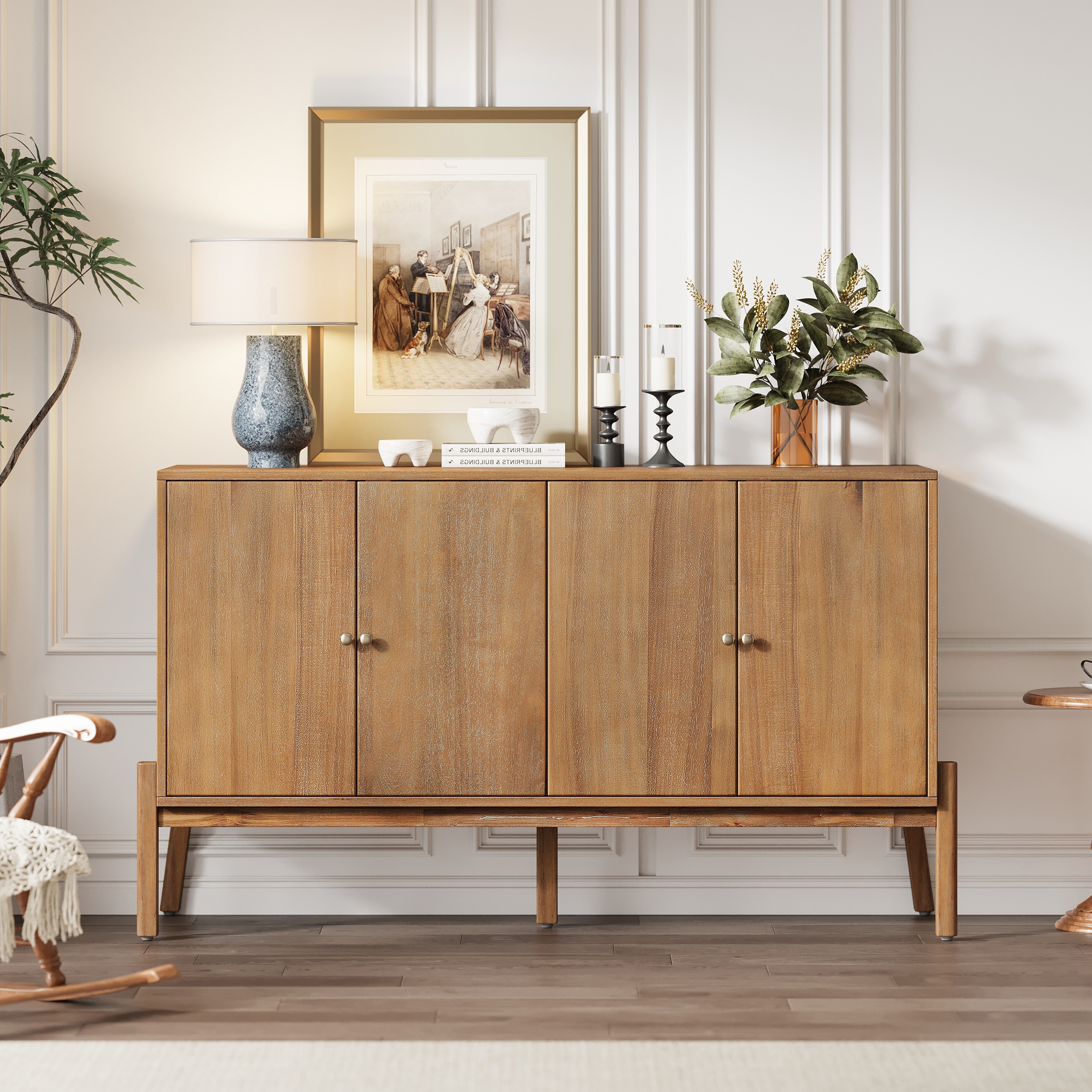 60" Large Sideboard Buffet Cabinet Entryway Table, 4-Door Storage Cabinet for Dining Room Living Room