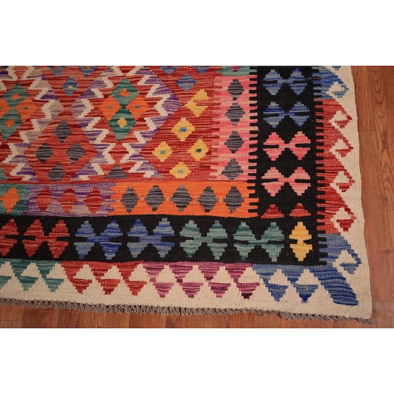 Orange Geometric Kilim Oriental Area Rug Flatweave Wool Carpet - 8'3" x 11'8"