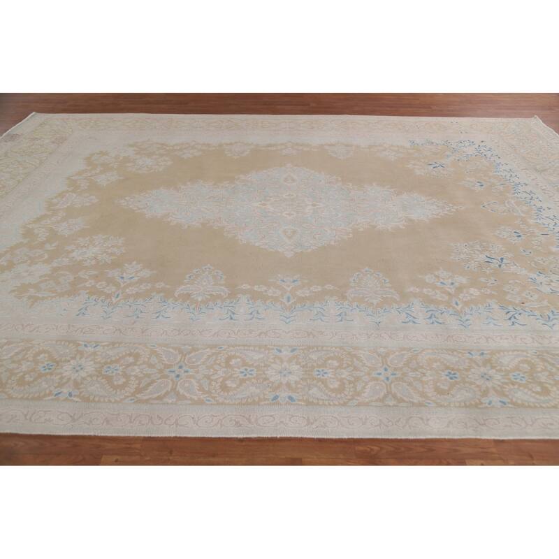 Hand Knotted Oriental 100% Wool Carpet Traditional Floral Yellow & Gold Kerman Area Rug - 12' 8'' X 9' 7''