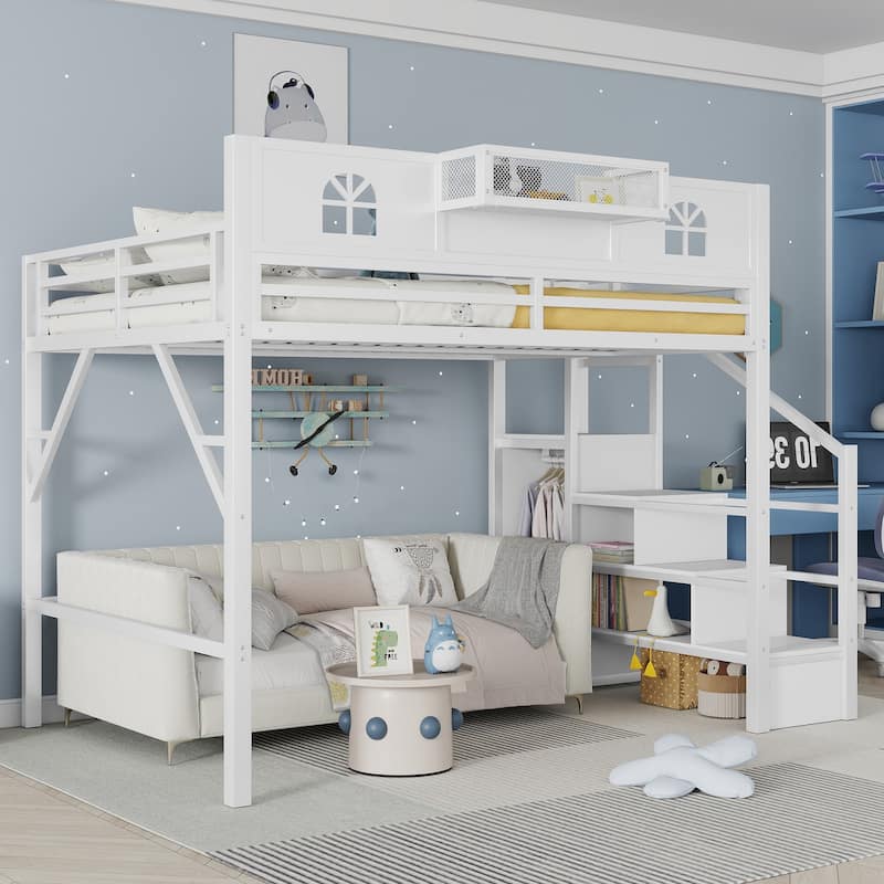 Queen Size Loft Bed with Stairs, Metal Queen Loft Bed with High and House Shaped Guardrails, High Loft Bed