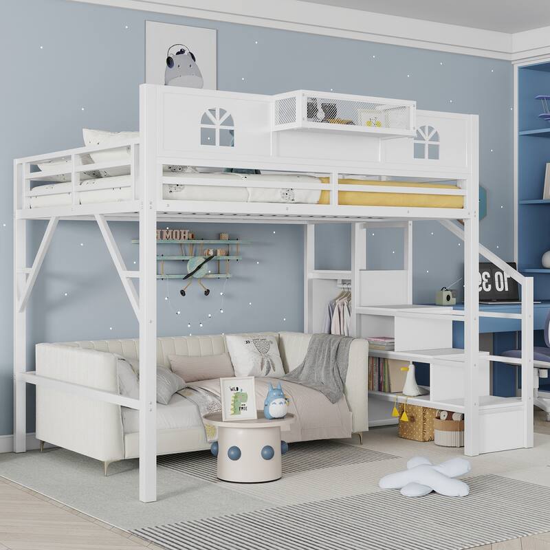 White High Loft Bed Frame with Storage Stairs and Wardrobe, Loft Metal Frame Bed with High House Shaped Guardrails for Kid Teens - White - Queen