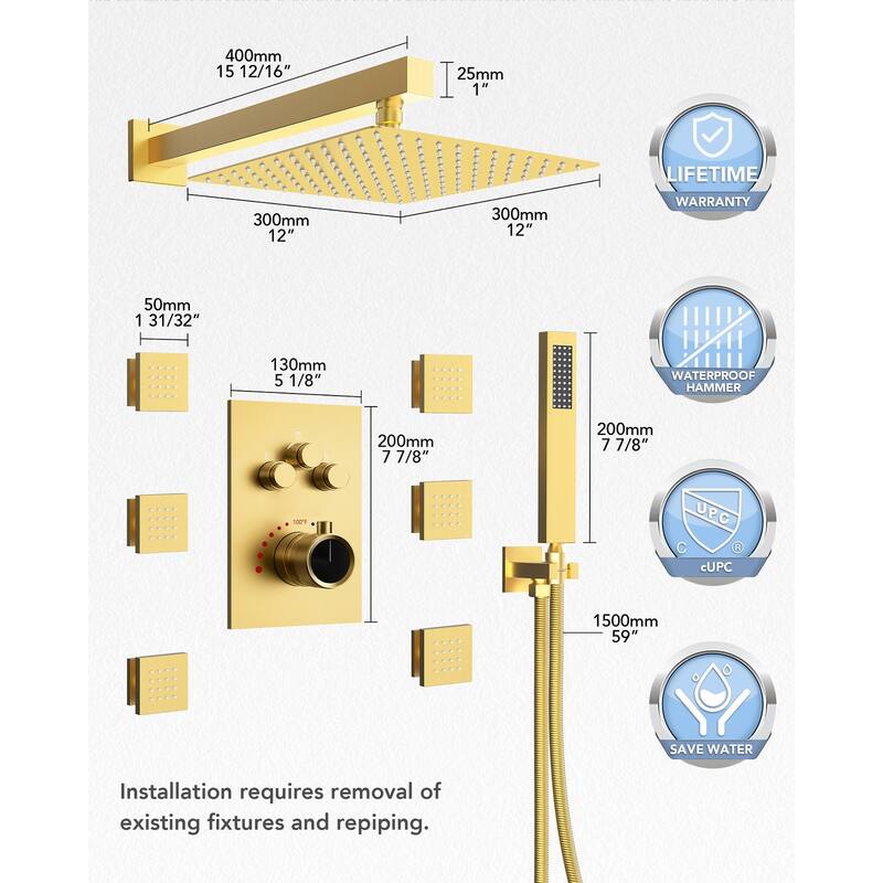 Thermostatic Shower System 12" Rain Shower Head with High Pressure Handheld Spray