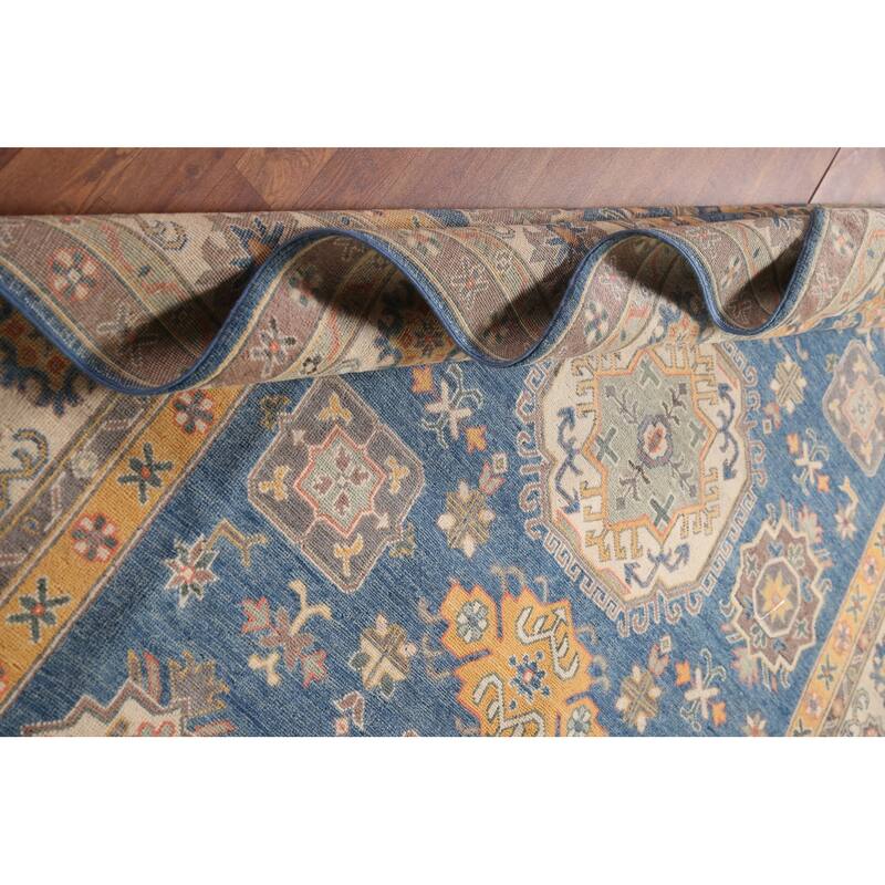Geometric Blue Kazak Living Room Area Rug Hand-Knotted Wool Carpet - 6'8" x 9'9"