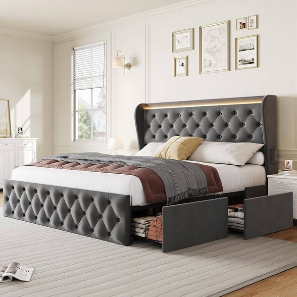 Button Tufted Velvet Upholstered Bed Frame with 4 Drawers - Bed Bath ...