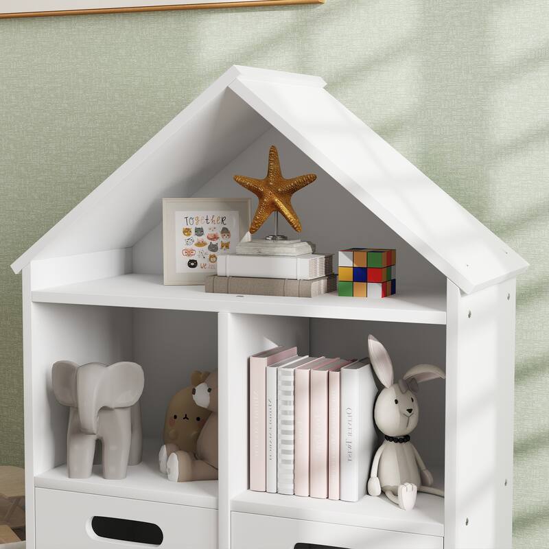 White MDF Three-Tier Bookcase for Kids Room Playroom Storage Organizer with Drawer - 25.1" L x 11.7" W x 35.2" H