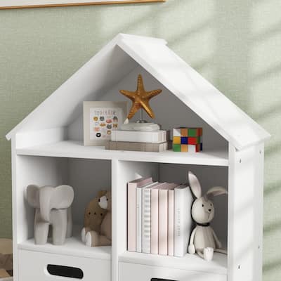 White MDF Three-Tier Bookcase for Kids Room Playroom Storage Organizer with Drawer - 25.1" L x 11.7" W x 35.2" H