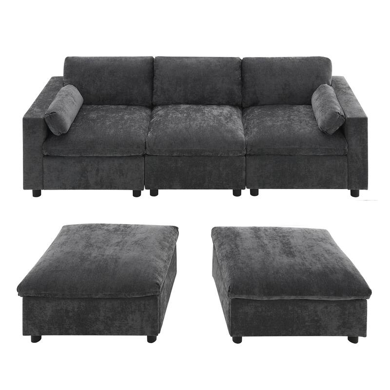 Roomfitters 86.5" U Shaped Sectional Sofa, Chenille Cloud Couch with 2 Movable Ottomans, Armrest Pillows, 5 Seat Sofa