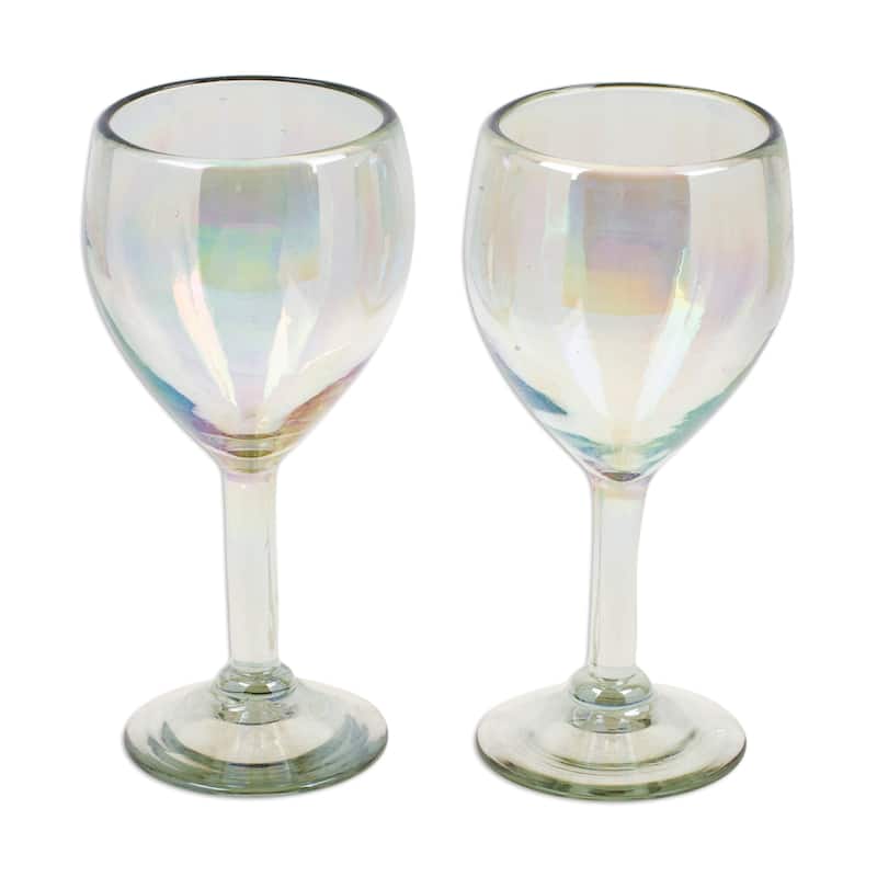 NOVICA Artisan Handblown Recycled Ecofriendly Wine Glasses Iridescent Clear Mexico Tableware Drinkware 'Ethereal Glamour'(Pair)