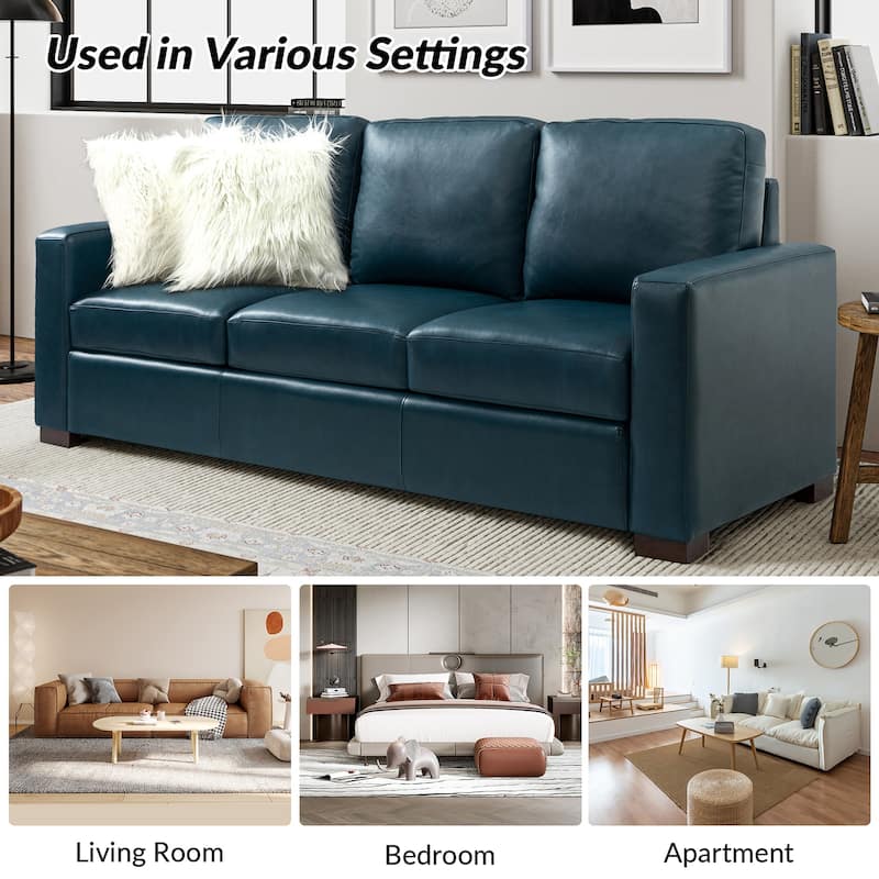 Ernando 83.46" Wide Genuine Leather Sofa with Squared Arms and Pillows