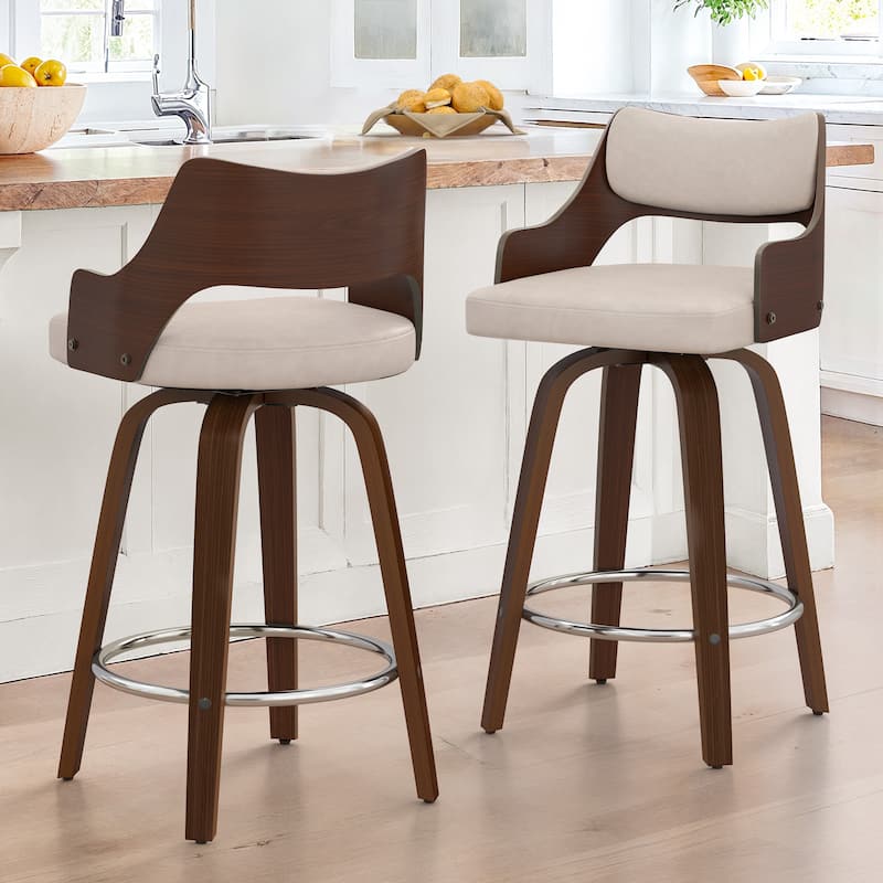 26.in Counter Height Stool Swivel Wooden Faux Leather Bar Stool with Curved Back - Tan Color - Set of 2