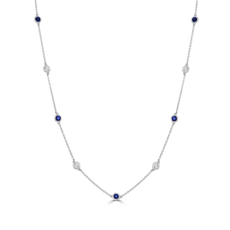 Joelle Collection Sapphire & Diamond Station Necklace 14K Gold - Blue - Adjustable Length - Sapphire - White