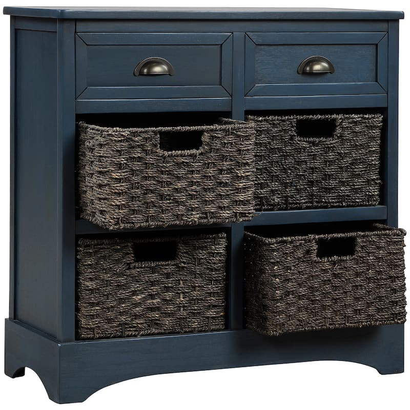 Rustic Storage Cabinet with 2 Drawers and 4 Classic Rattan Basket - 28"L×11.8"W×28"H