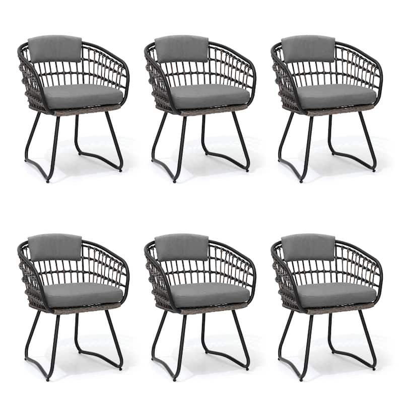 Outdoor Patio Wicker Dining Chairs PE Rattan Seating Set with Cushion - Grey - Set of 6